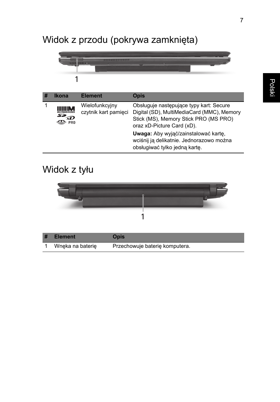 Widok z przodu (pokrywa zamknięta), Widok z tyłu, Widok z przodu (pokrywa zamknięta) widok z tyłu | Acer Aspire 5745DG User Manual | Page 131 / 314