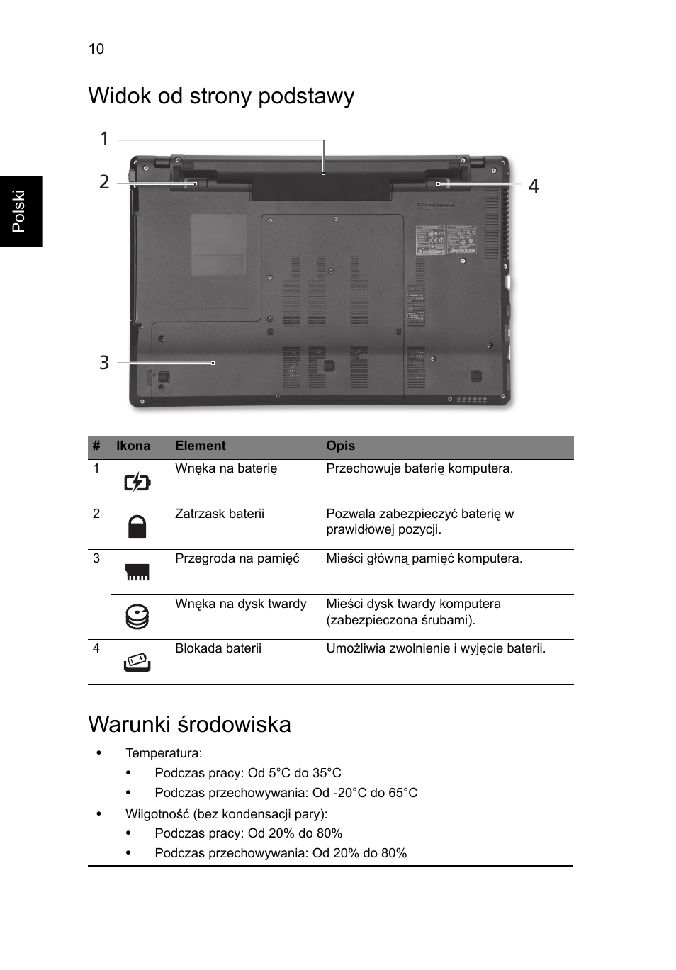 Widok od strony podstawy, Warunki środowiska, Widok od strony podstawy warunki środowiska | Acer Aspire 5745DG User Manual | Page 134 / 314