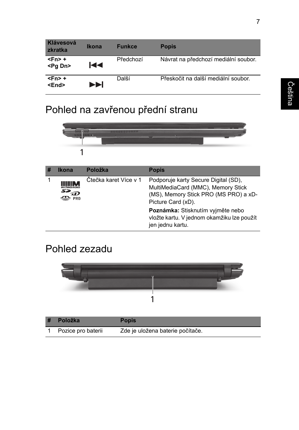 Pohled na zavřenou přední stranu, Pohled zezadu, Pohled na zavřenou přední stranu pohled zezadu | Acer Aspire 5745DG User Manual | Page 151 / 314