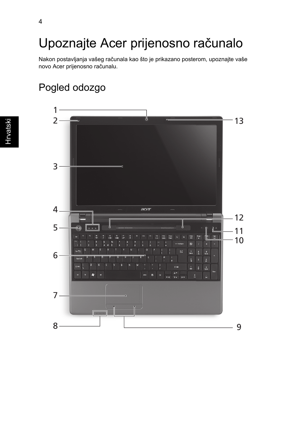 Upoznajte acer prijenosno računalo, Pogled odozgo | Acer Aspire 5745DG User Manual | Page 178 / 314