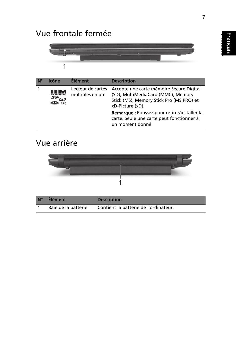 Vue frontale fermée, Vue arrière, Vue frontale fermée vue arrière | Français | Acer Aspire 5745DG User Manual | Page 19 / 314