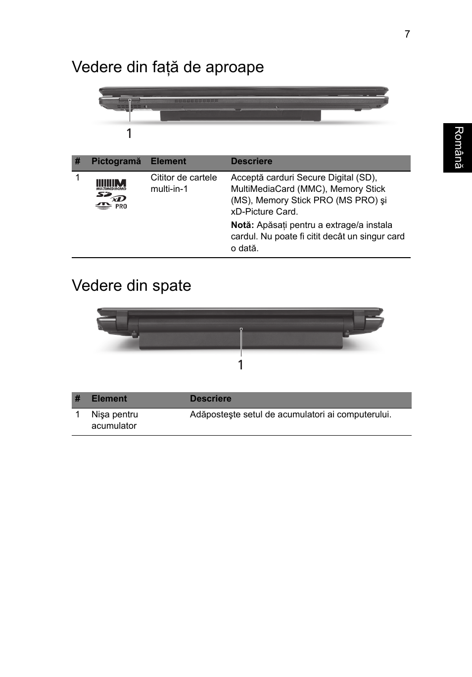 Vedere din faţă de aproape, Vedere din spate, Vedere din faţă de aproape vedere din spate | Acer Aspire 5745DG User Manual | Page 191 / 314