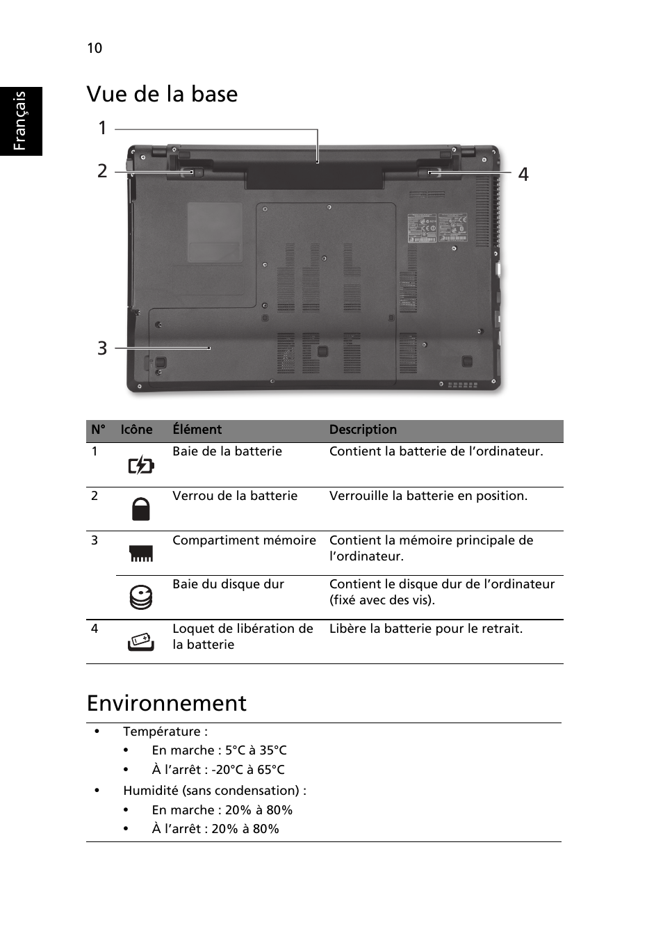 Vue de la base, Environnement, Vue de la base environnement | Acer Aspire 5745DG User Manual | Page 22 / 314