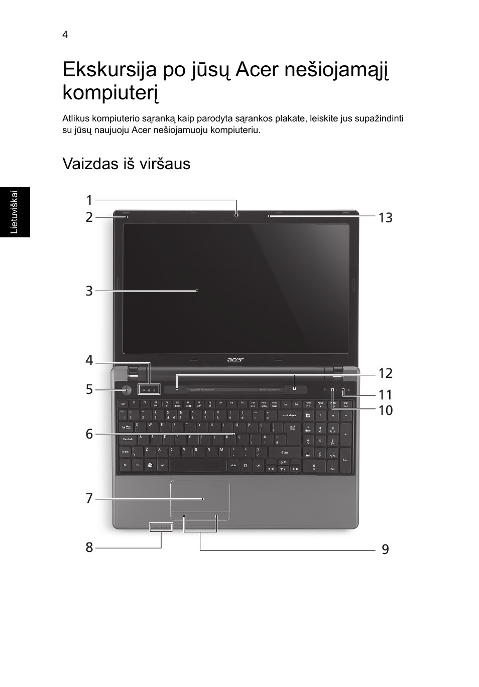 Ekskursija po jūsų acer nešiojamąjį kompiuterį, Vaizdas iš viršaus | Acer Aspire 5745DG User Manual | Page 228 / 314