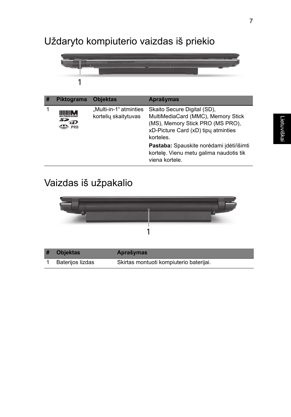 Uždaryto kompiuterio vaizdas iš priekio, Vaizdas iš užpakalio | Acer Aspire 5745DG User Manual | Page 231 / 314