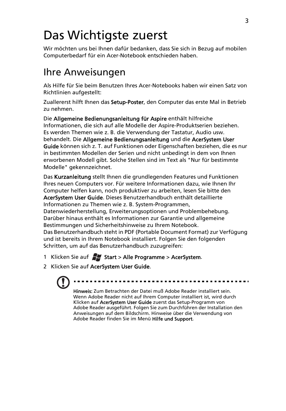 Das wichtigste zuerst, Ihre anweisungen | Acer Aspire 5745DG User Manual | Page 25 / 314