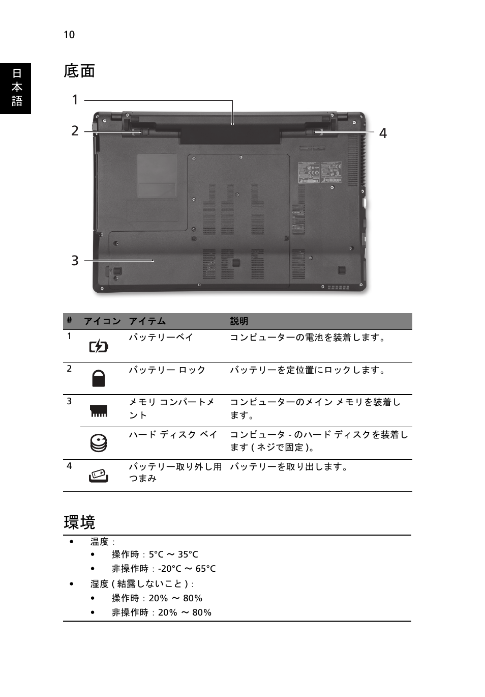 底面 環境 | Acer Aspire 5745DG User Manual | Page 264 / 314