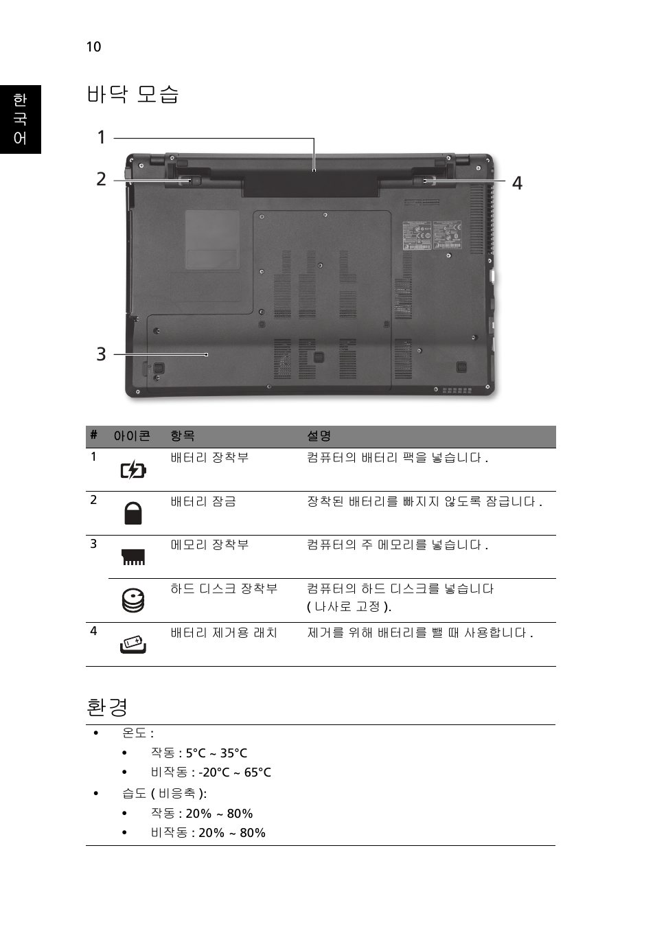 바닥 모습, 바닥 모습 환경 | Acer Aspire 5745DG User Manual | Page 274 / 314