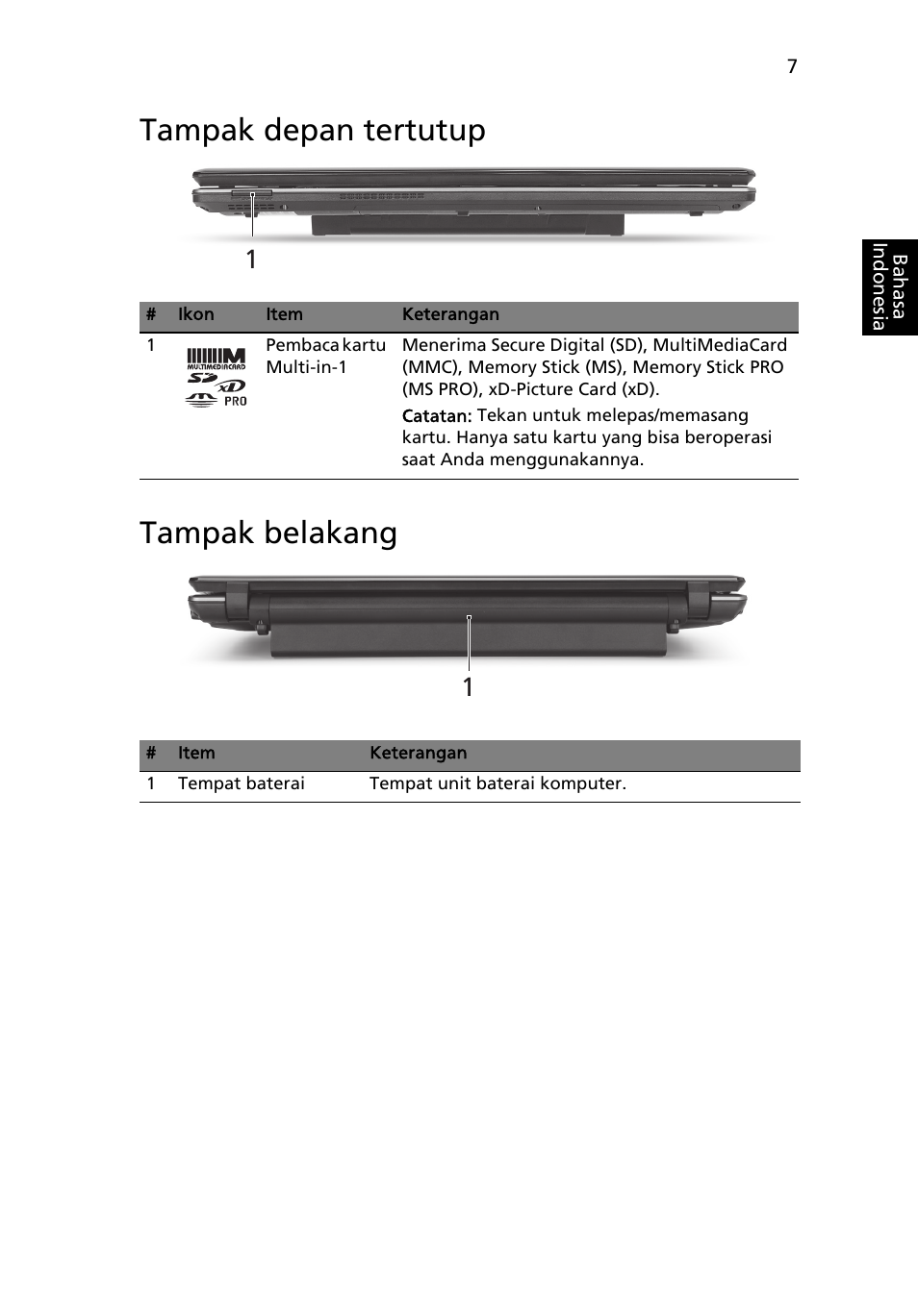 Tampak depan tertutup, Tampak belakang, Tampak depan tertutup tampak belakang | Acer Aspire 5745DG User Manual | Page 301 / 314