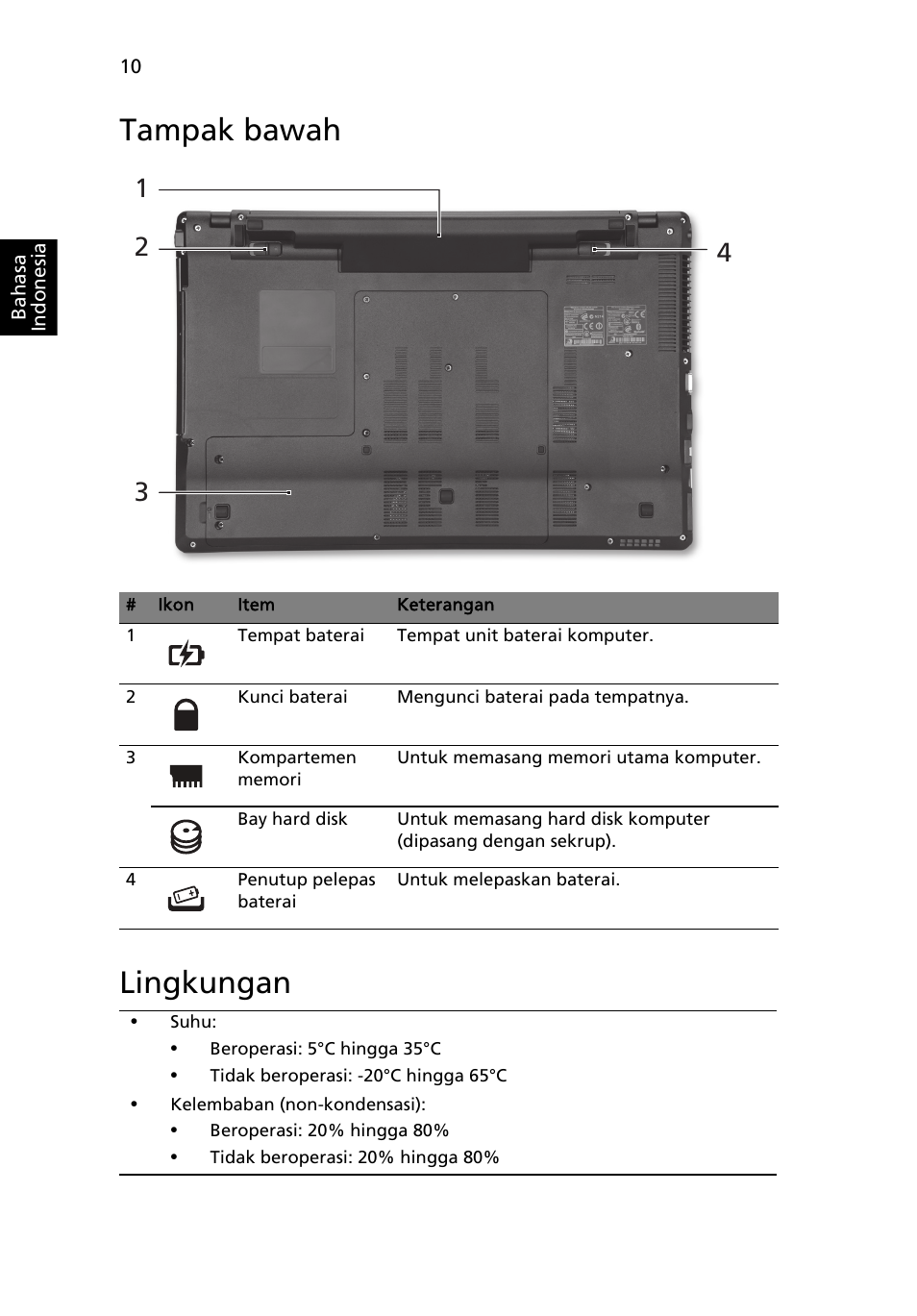 Tampak bawah, Lingkungan, Tampak bawah lingkungan | Acer Aspire 5745DG User Manual | Page 304 / 314