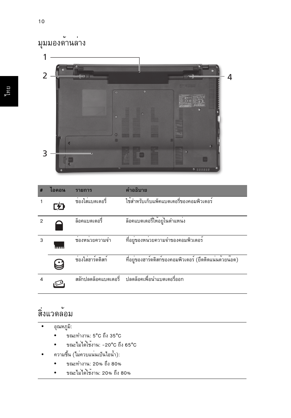 มุมมองด้านล่าง, สิ่งแวดล้อม, Бшббн§´йт¹еит§ кфи§бз´ейнб | Acer Aspire 5745DG User Manual | Page 314 / 314