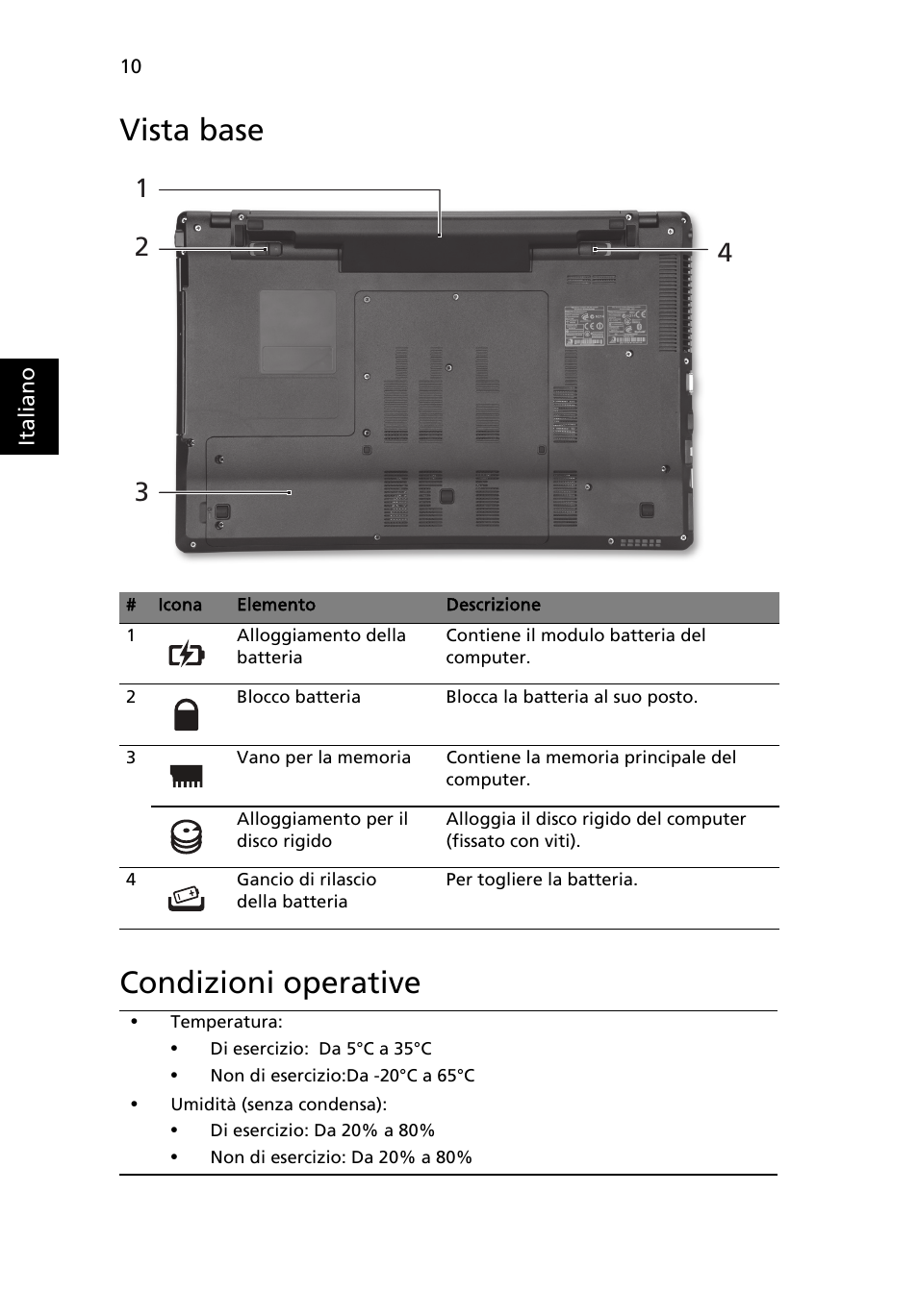 Vista base, Condizioni operative, Vista base condizioni operative | Acer Aspire 5745DG User Manual | Page 42 / 314