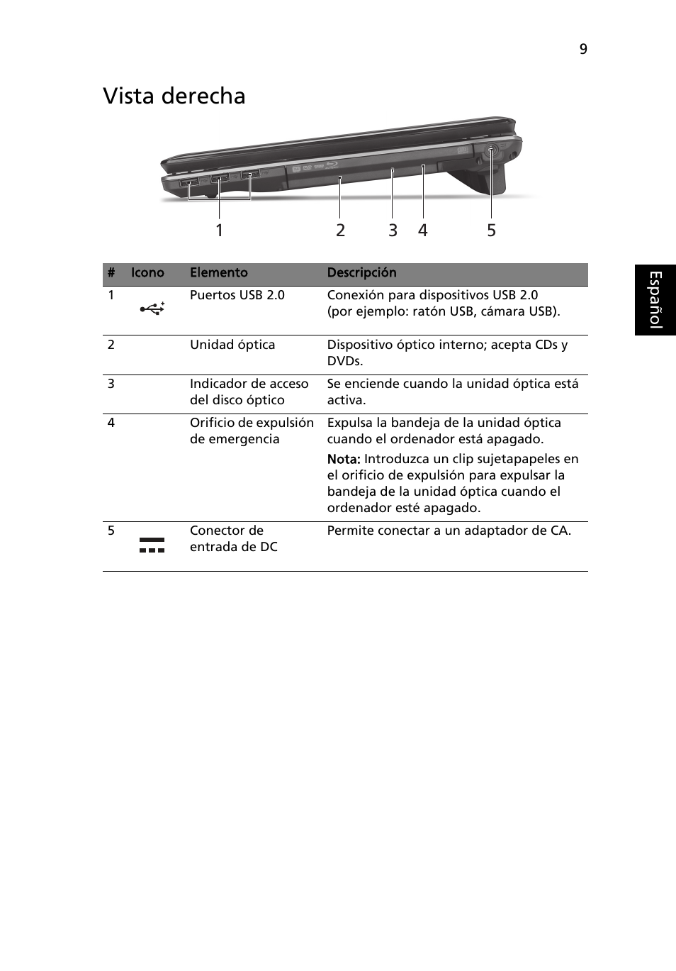 Vista derecha | Acer Aspire 5745DG User Manual | Page 51 / 314