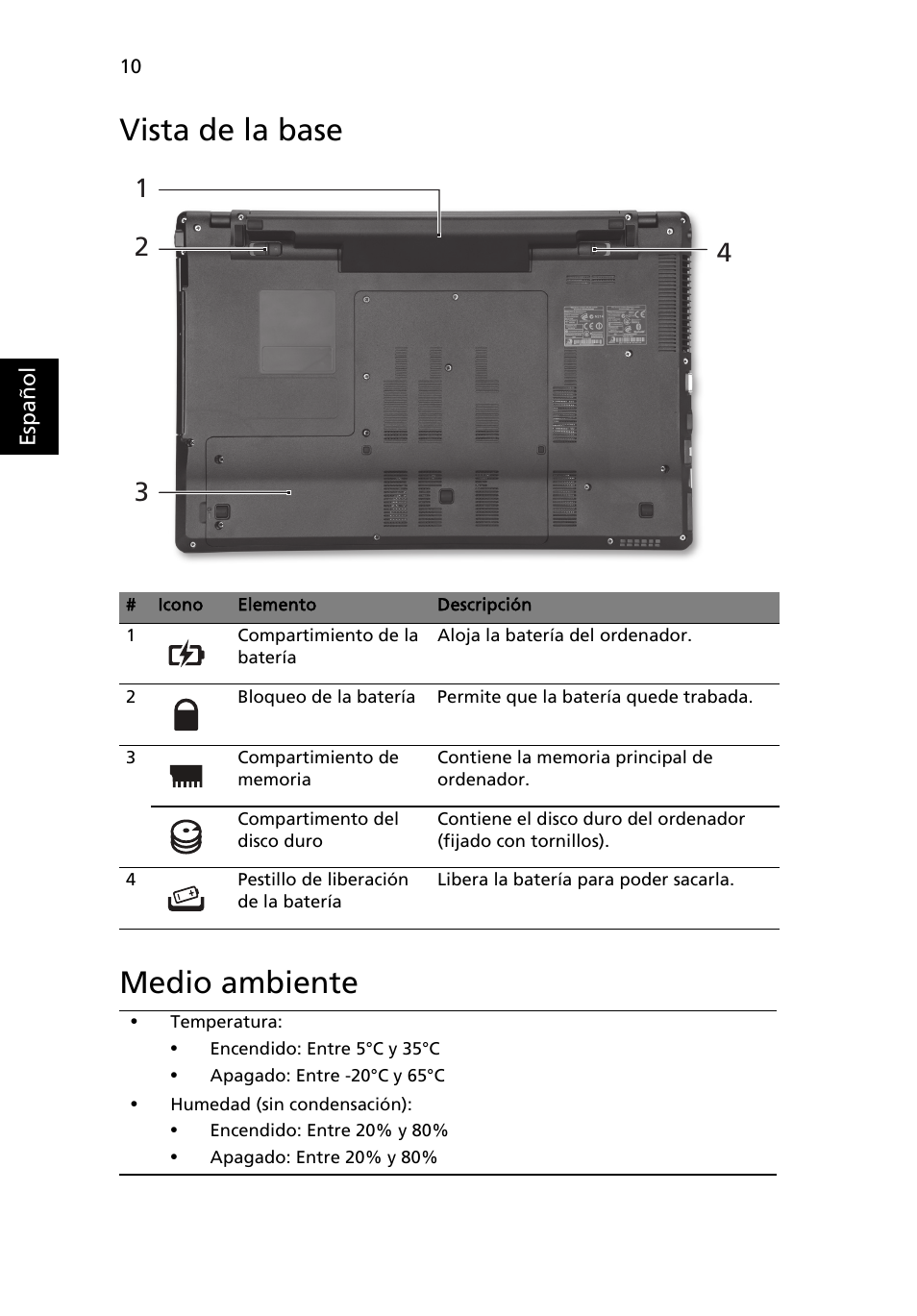 Vista de la base, Medio ambiente, Vista de la base medio ambiente | Acer Aspire 5745DG User Manual | Page 52 / 314