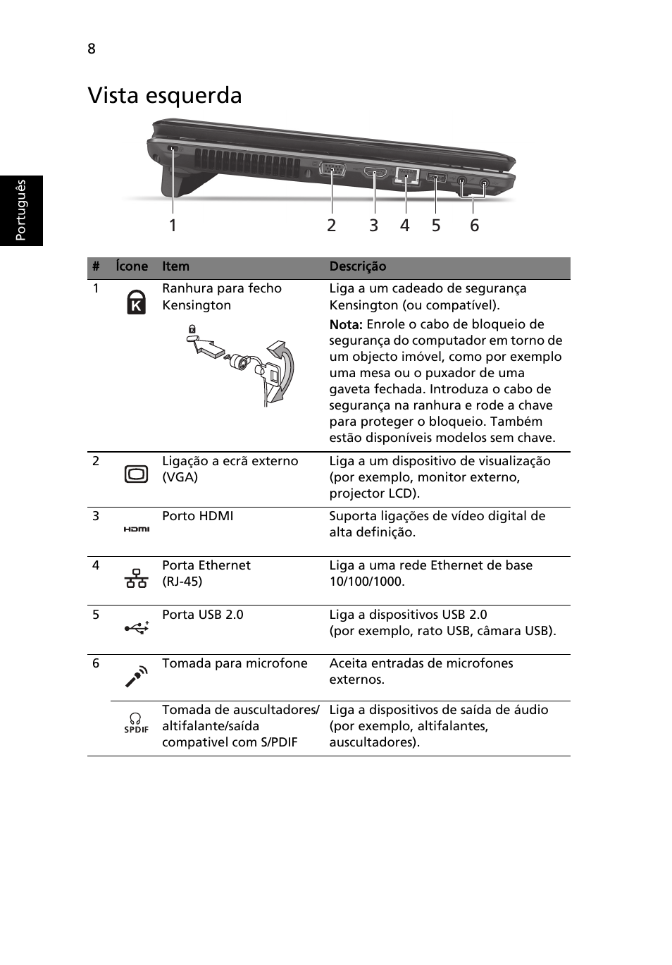 Vista esquerda | Acer Aspire 5745DG User Manual | Page 62 / 314