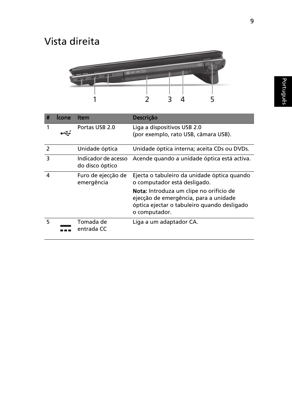 Vista direita | Acer Aspire 5745DG User Manual | Page 63 / 314