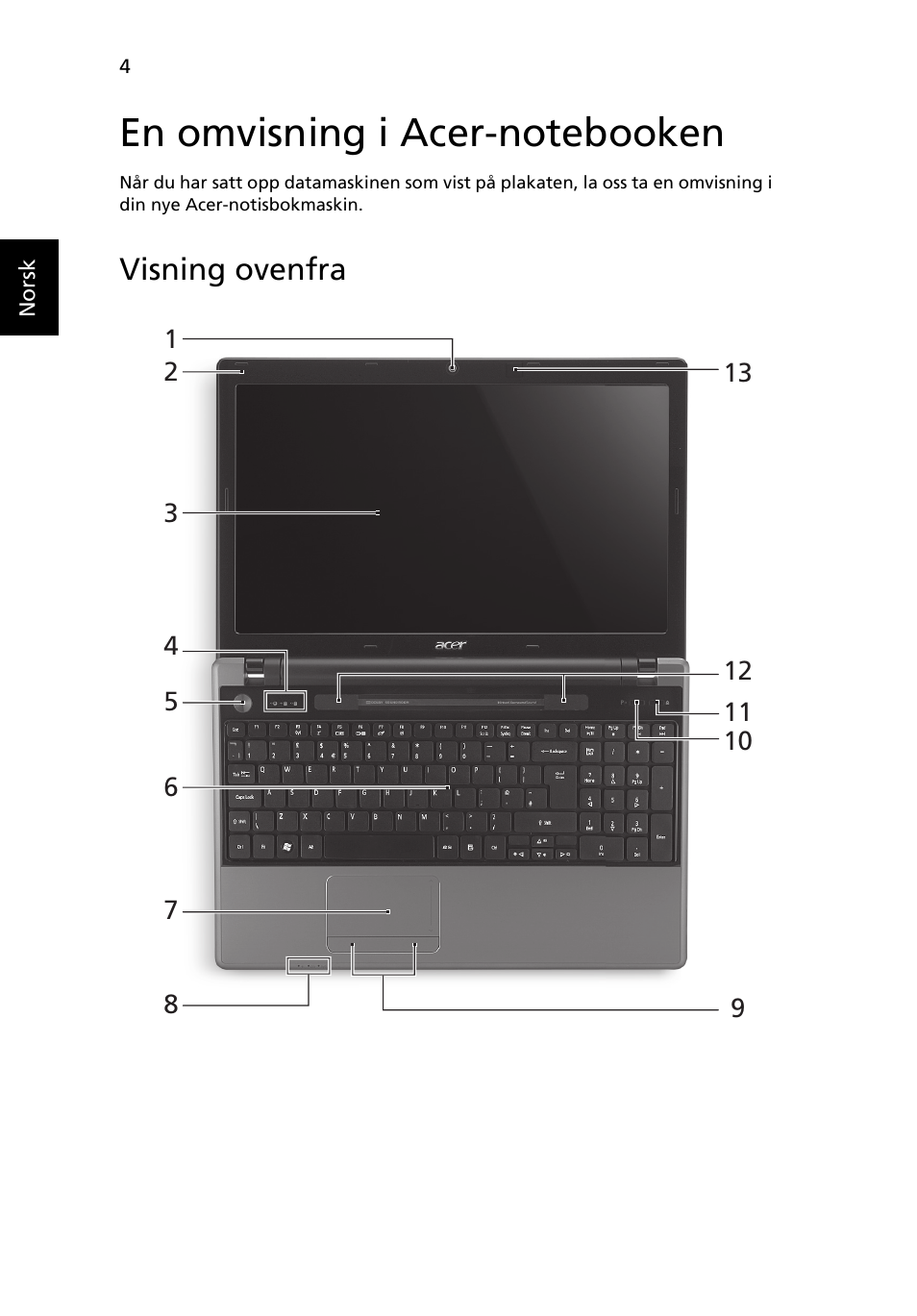 En omvisning i acer-notebooken, Visning ovenfra | Acer Aspire 5745DG User Manual | Page 78 / 314