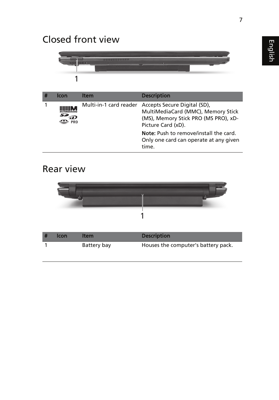 Closed front view, Rear view, Closed front view rear view | Acer Aspire 5745DG User Manual | Page 9 / 314