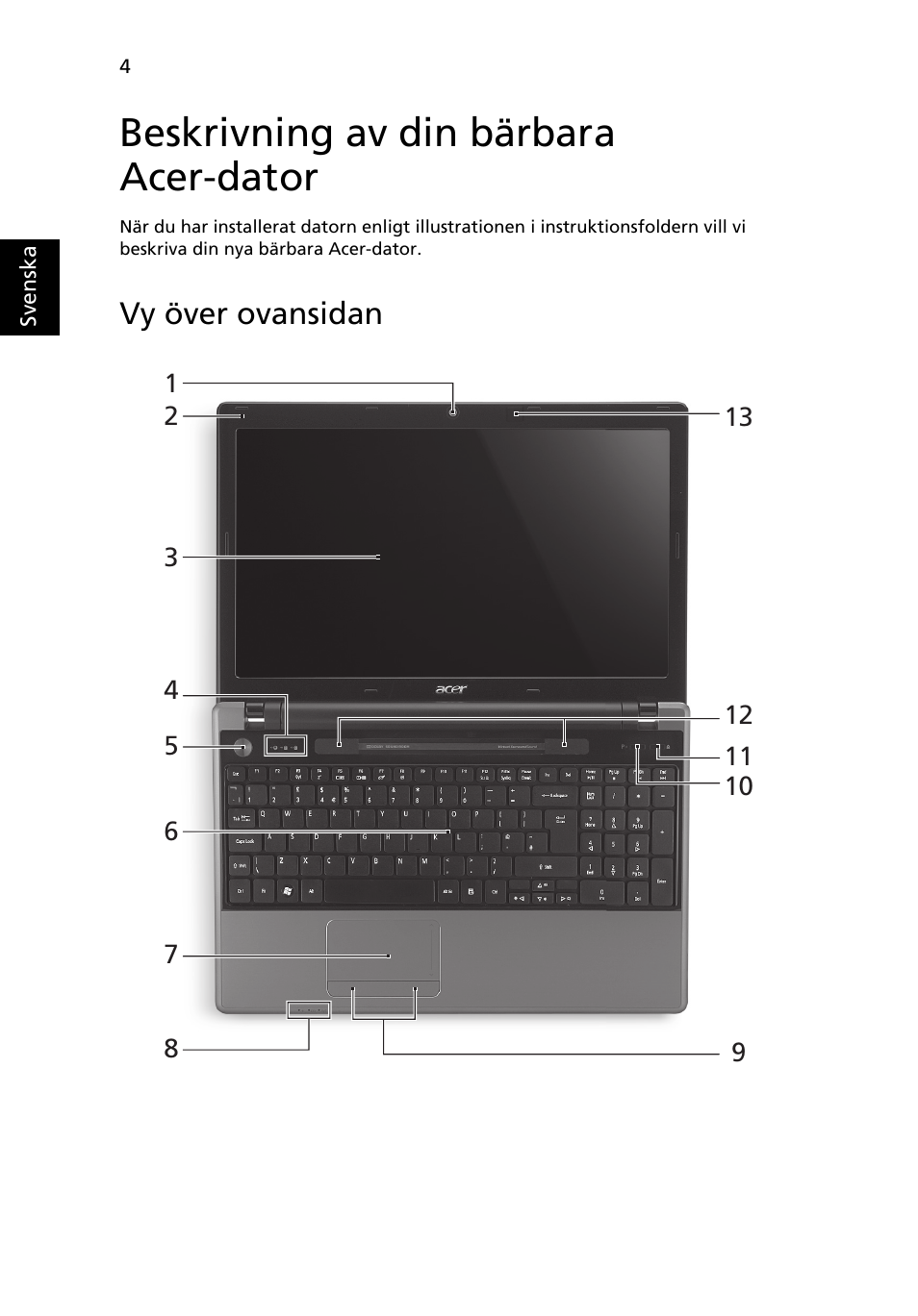 Beskrivning av din bärbara acer-dator, Vy över ovansidan | Acer Aspire 5745DG User Manual | Page 98 / 314