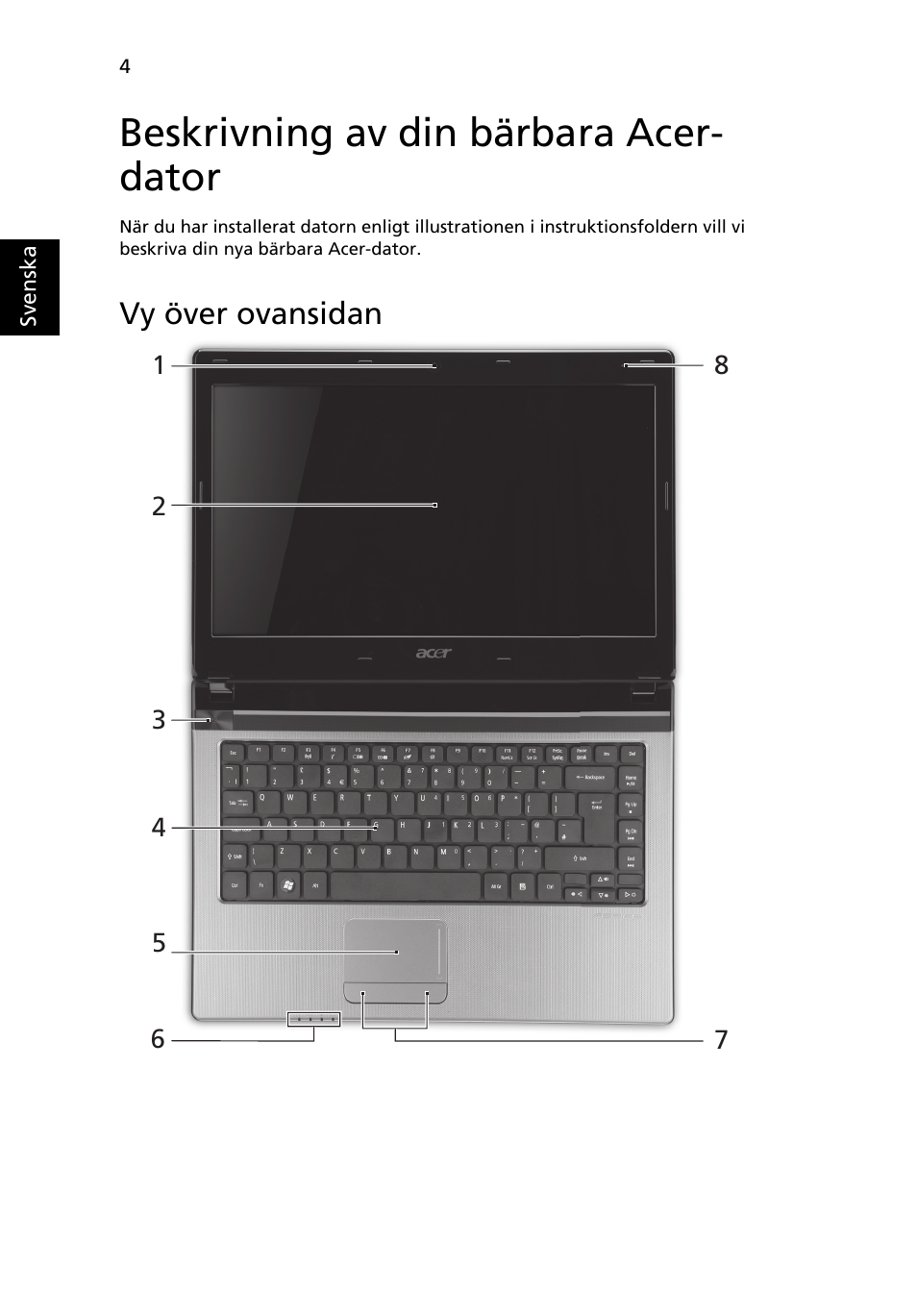 Beskrivning av din bärbara acer- dator, Vy över ovansidan | Acer Aspire 4750ZG User Manual | Page 110 / 344