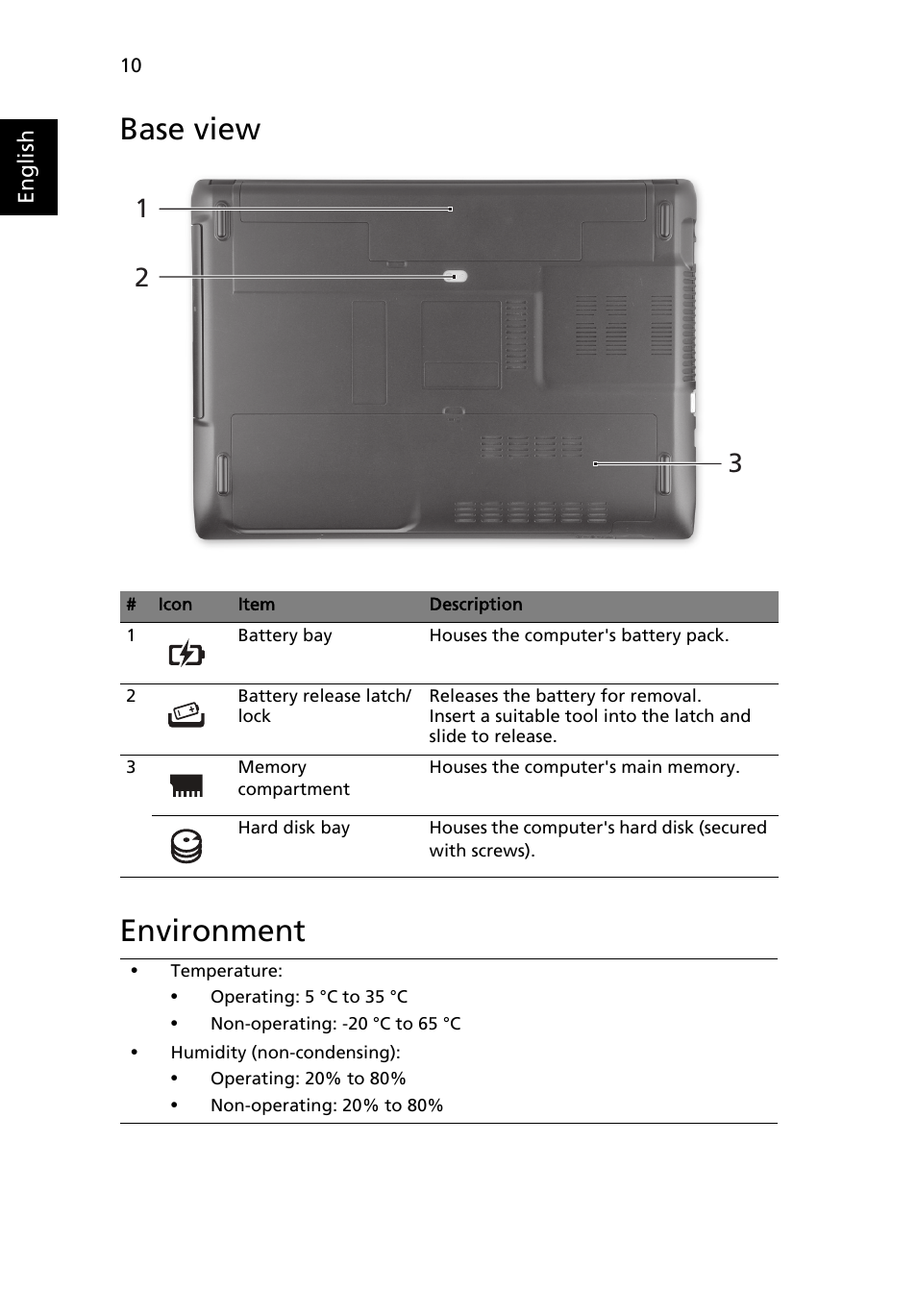 Base view, Environment, Base view environment | Acer Aspire 4750ZG User Manual | Page 12 / 344