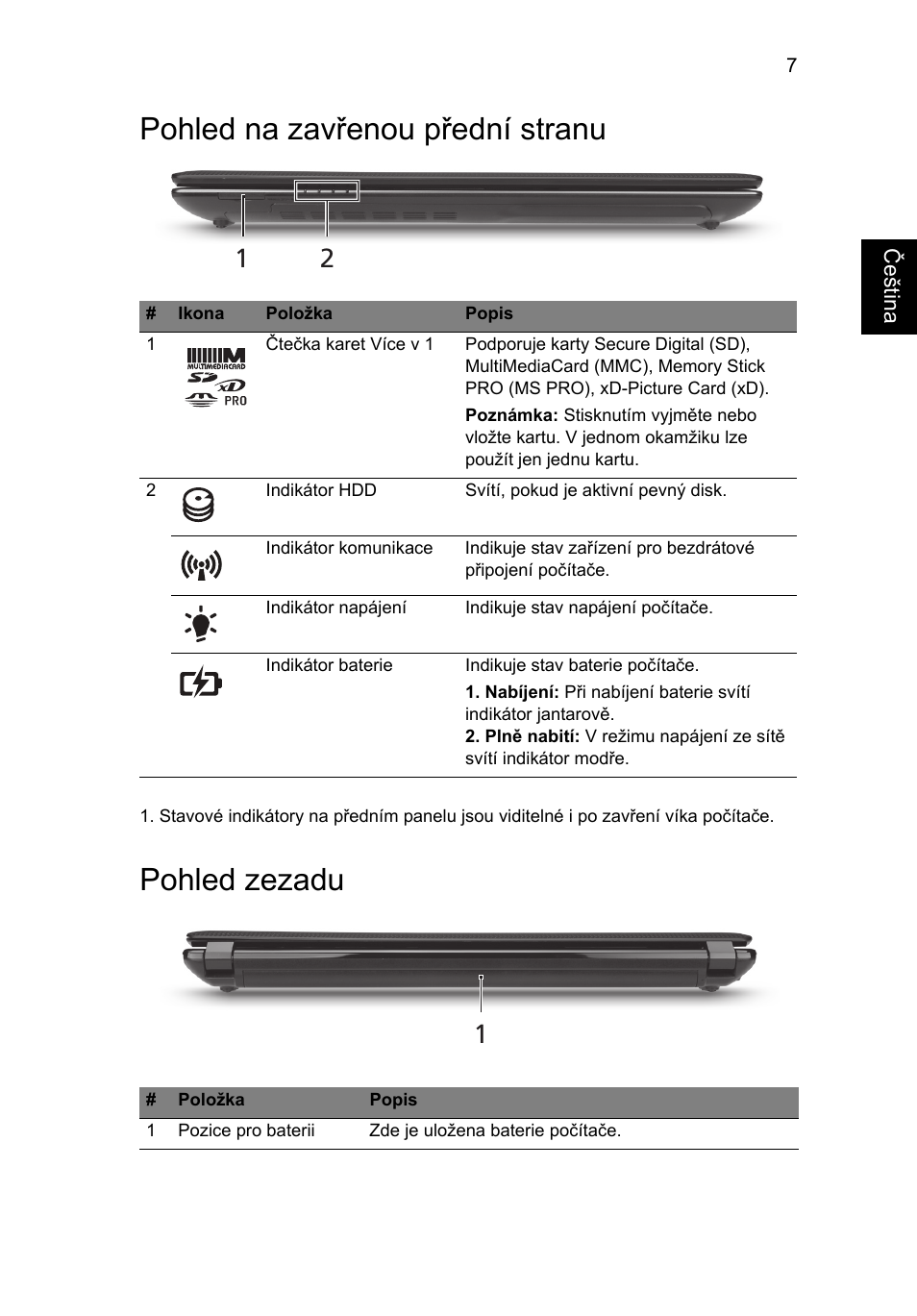 Pohled na zavřenou přední stranu, Pohled zezadu | Acer Aspire 4750ZG User Manual | Page 169 / 344