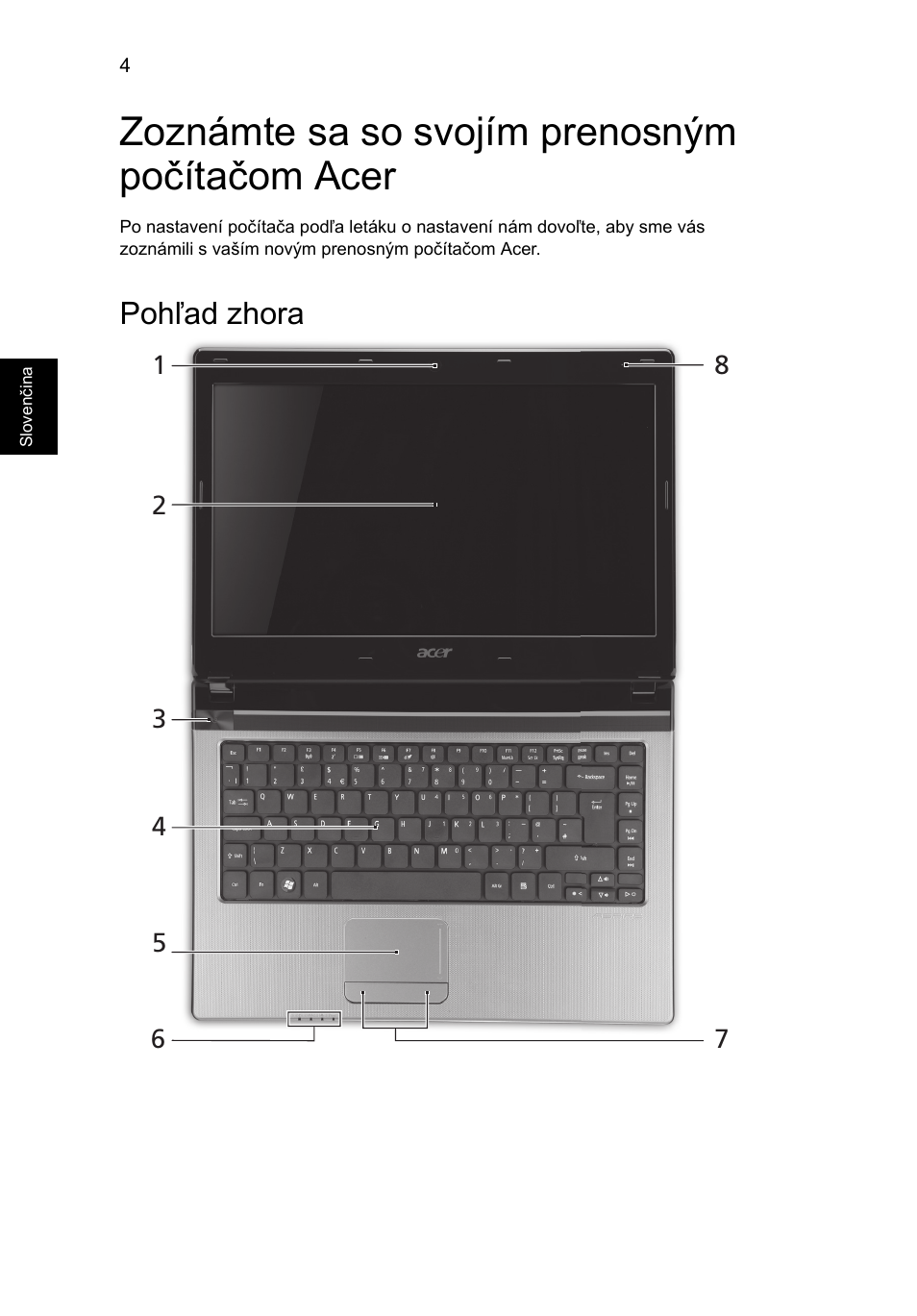 Zoznámte sa so svojím prenosným počítačom acer, Pohľad zhora | Acer Aspire 4750ZG User Manual | Page 176 / 344