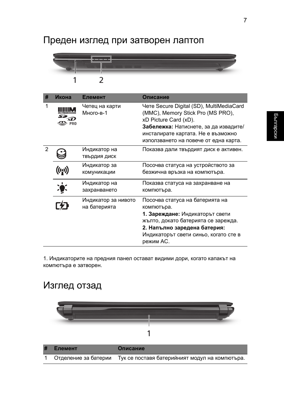 Преден изглед при затворен лаптоп, Изглед отзад | Acer Aspire 4750ZG User Manual | Page 223 / 344