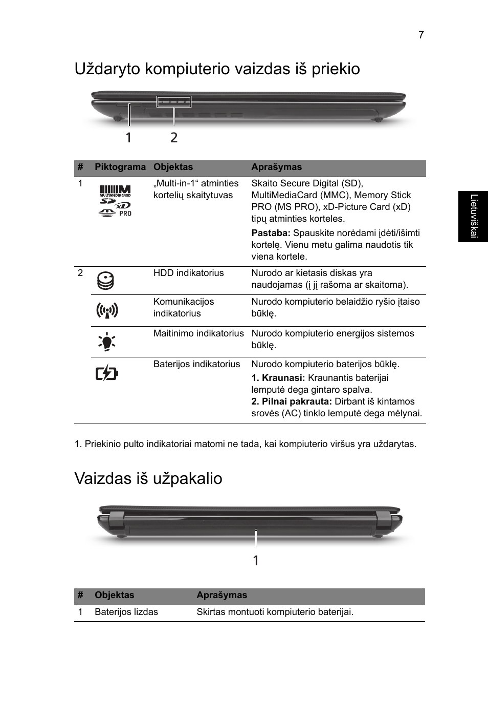 Uždaryto kompiuterio vaizdas iš priekio, Vaizdas iš užpakalio | Acer Aspire 4750ZG User Manual | Page 255 / 344