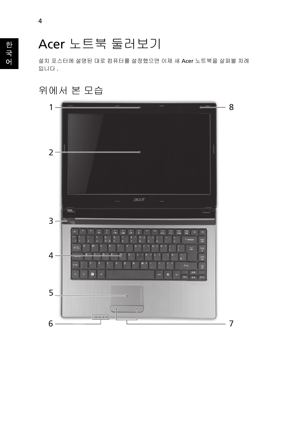 Acer 노트북 둘러보기, 위에서 본 모습 | Acer Aspire 4750ZG User Manual | Page 296 / 344