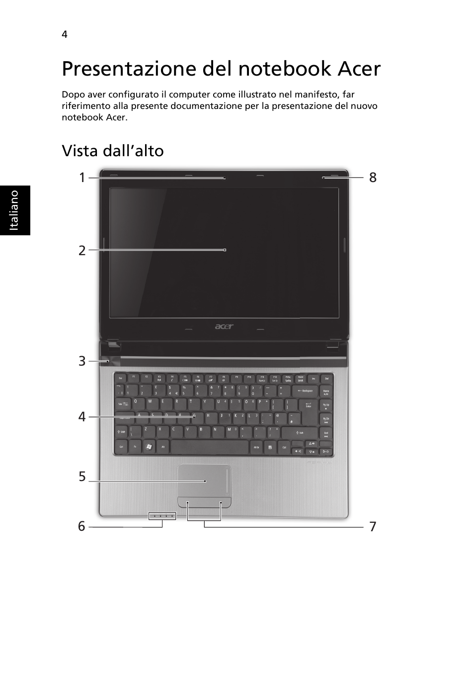 Presentazione del notebook acer, Vista dall’alto | Acer Aspire 4750ZG User Manual | Page 40 / 344