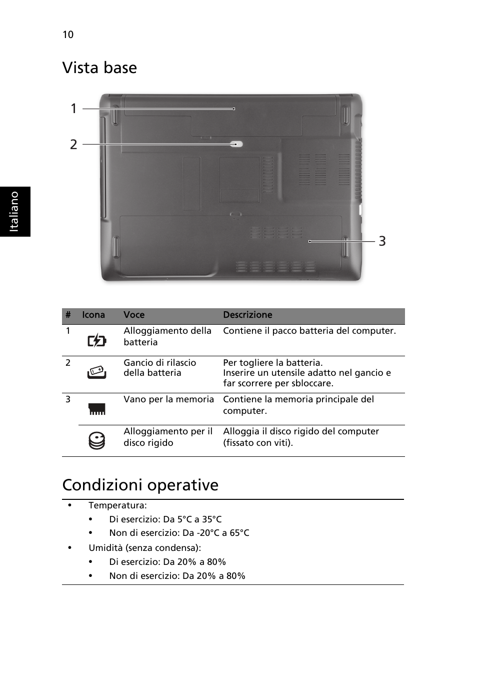 Vista base, Condizioni operative, Vista base condizioni operative | Acer Aspire 4750ZG User Manual | Page 46 / 344