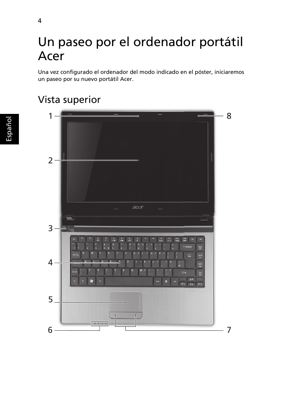 Un paseo por el ordenador portátil acer, Vista superior | Acer Aspire 4750ZG User Manual | Page 50 / 344