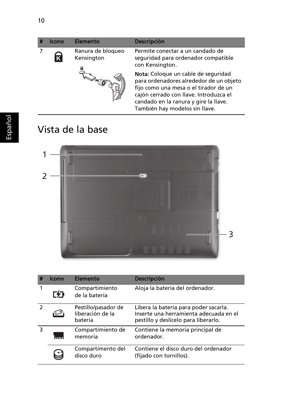 Vista de la base | Acer Aspire 4750ZG User Manual | Page 56 / 344