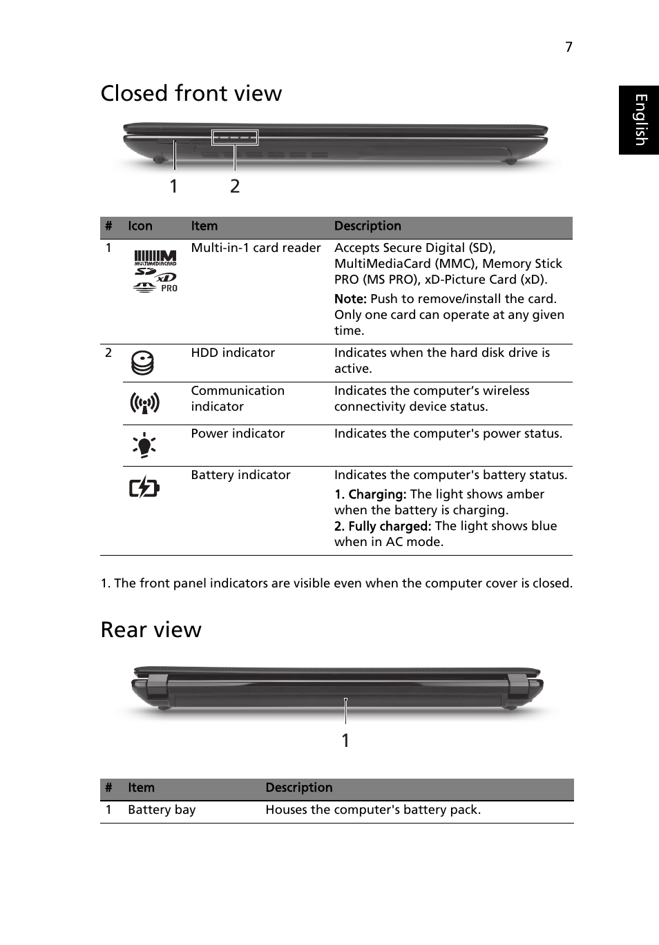 Closed front view, Rear view | Acer Aspire 4750ZG User Manual | Page 9 / 344