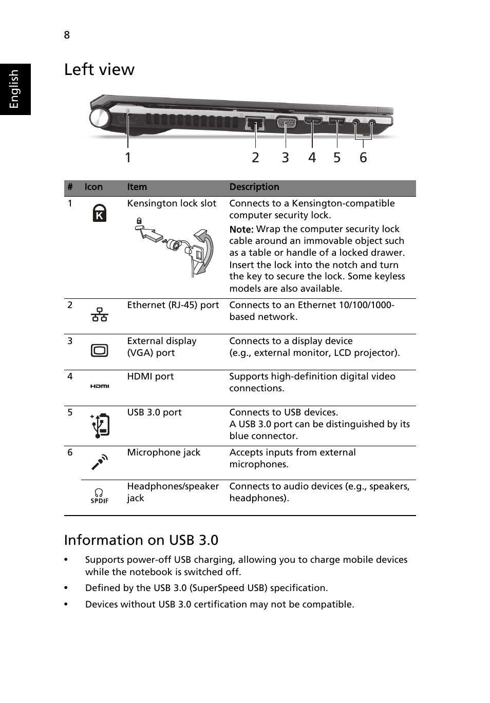 Left view, Information on usb 3.0 | Acer Aspire 5830TG User Manual | Page 10 / 316