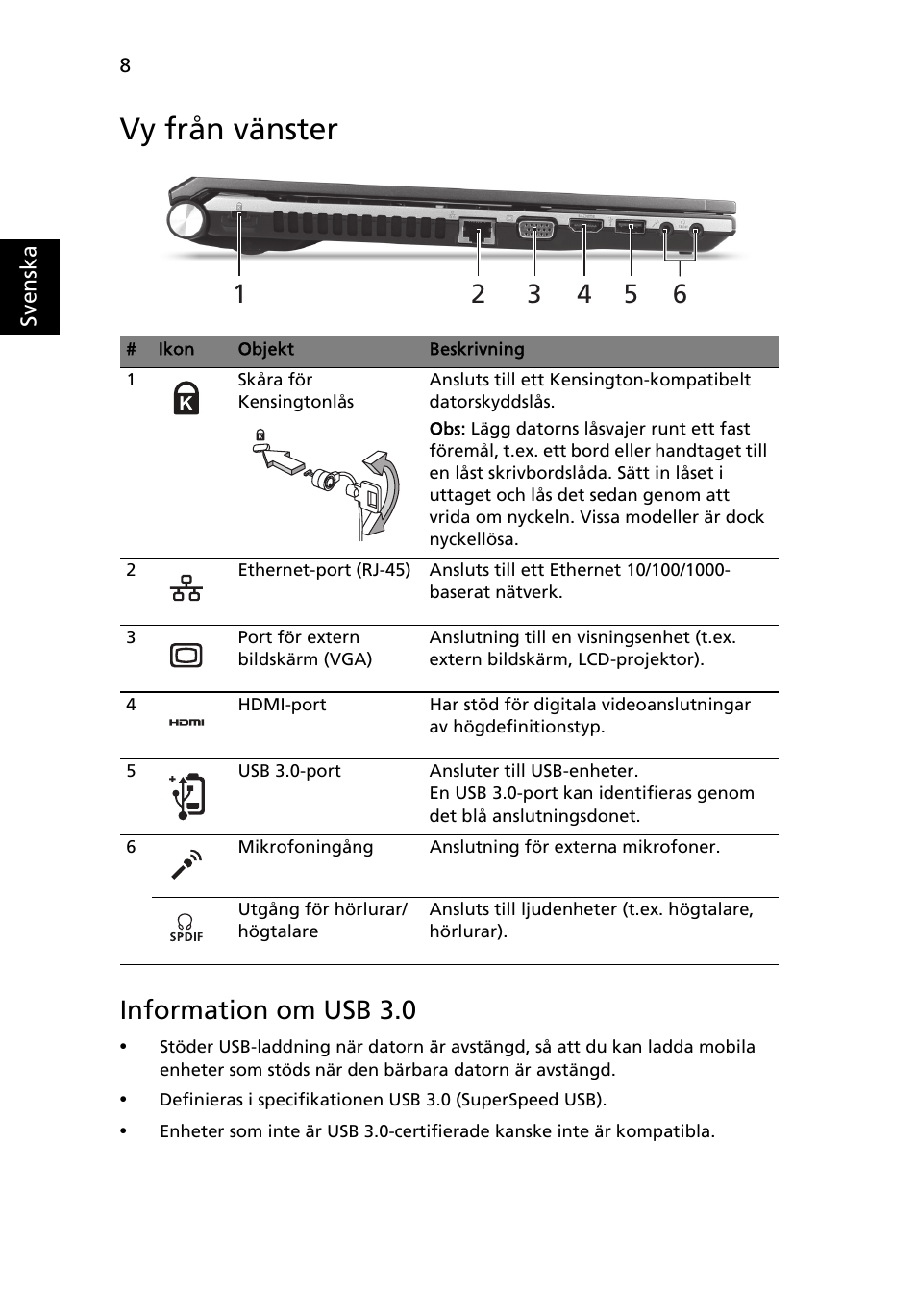 Vy från vänster, Information om usb 3.0 | Acer Aspire 5830TG User Manual | Page 104 / 316