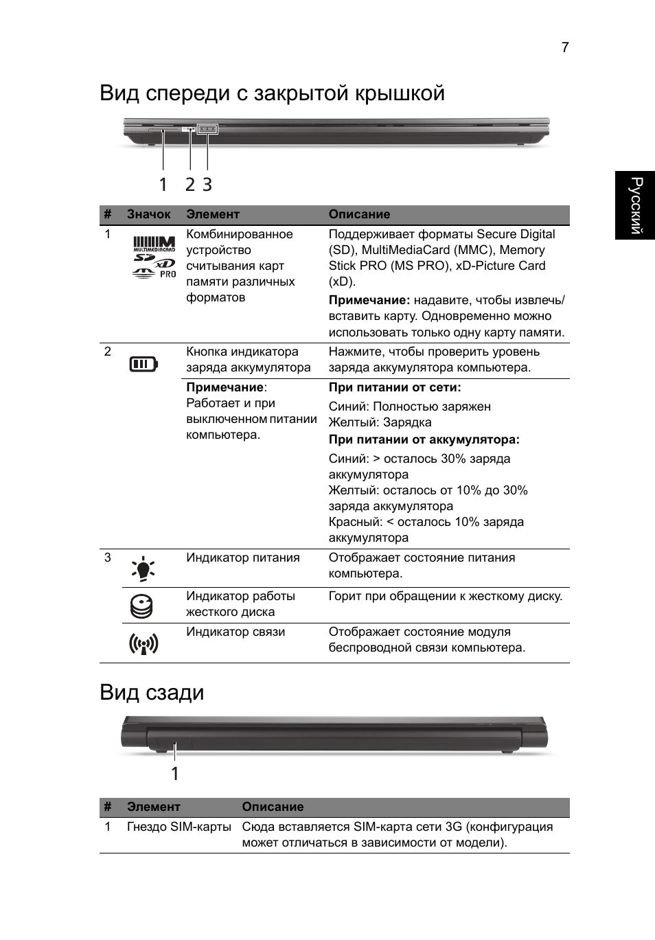 Вид спереди с закрытой крышкой, Вид сзади, Вид спереди с закрытой крышкой вид сзади | Acer Aspire 5830TG User Manual | Page 123 / 316