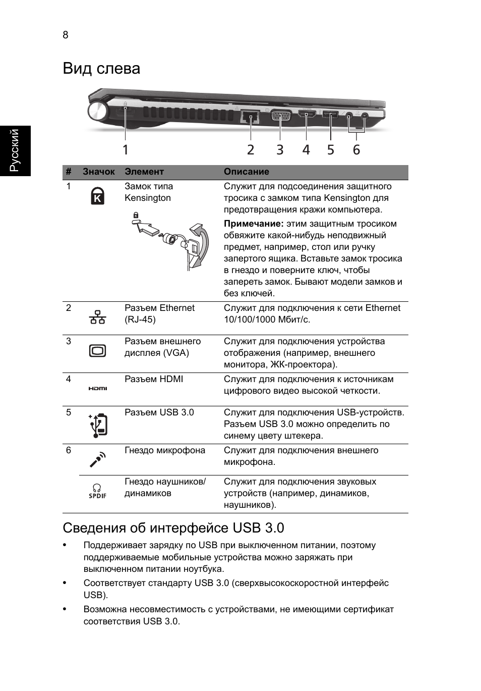 Вид слева, Сведения об интерфейсе usb 3.0 | Acer Aspire 5830TG User Manual | Page 124 / 316