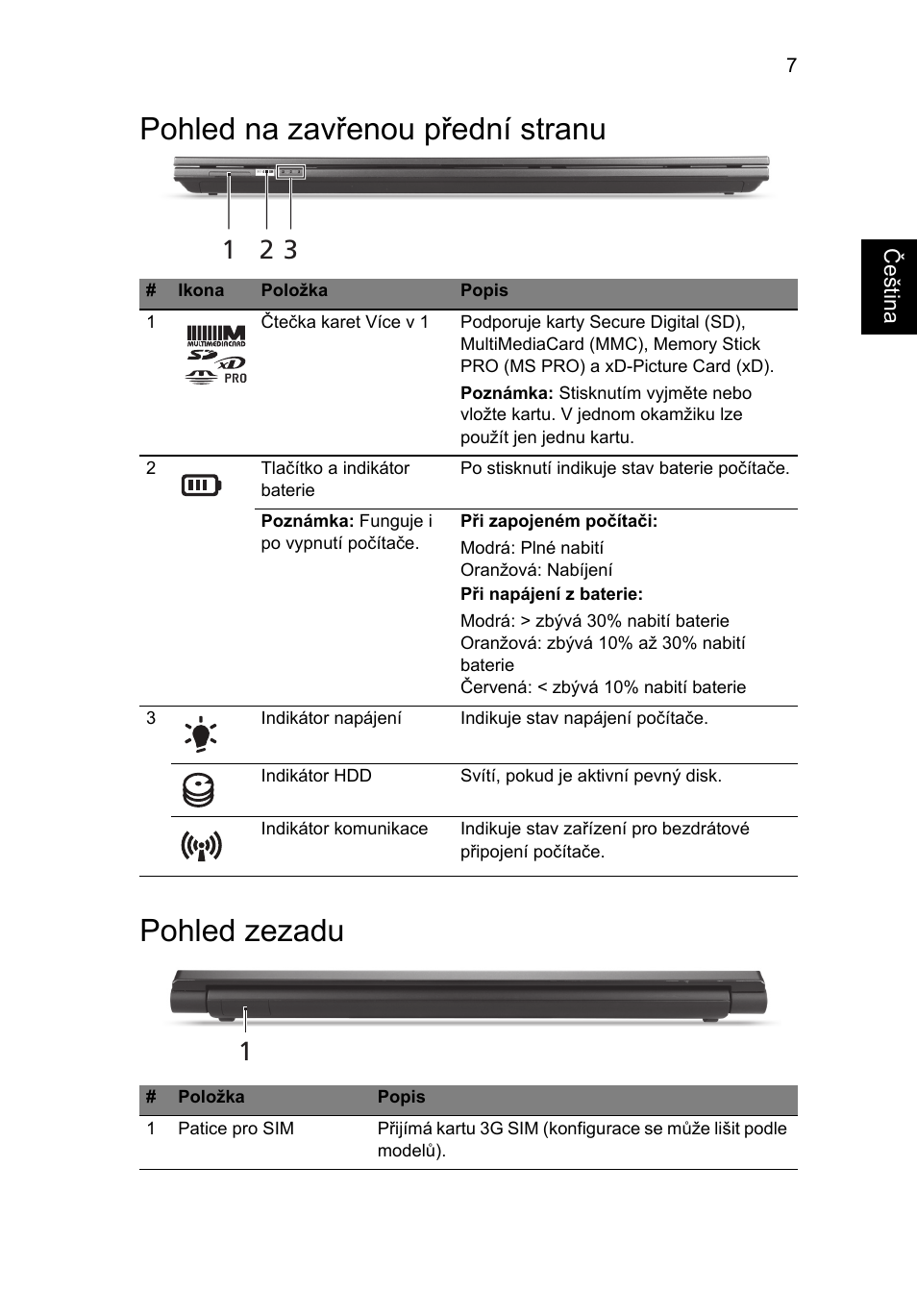 Pohled na zavřenou přední stranu, Pohled zezadu, Pohled na zavřenou přední stranu pohled zezadu | Acer Aspire 5830TG User Manual | Page 153 / 316