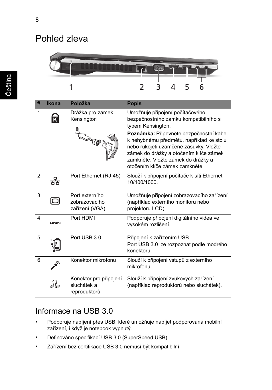 Pohled zleva, Informace na usb 3.0 | Acer Aspire 5830TG User Manual | Page 154 / 316