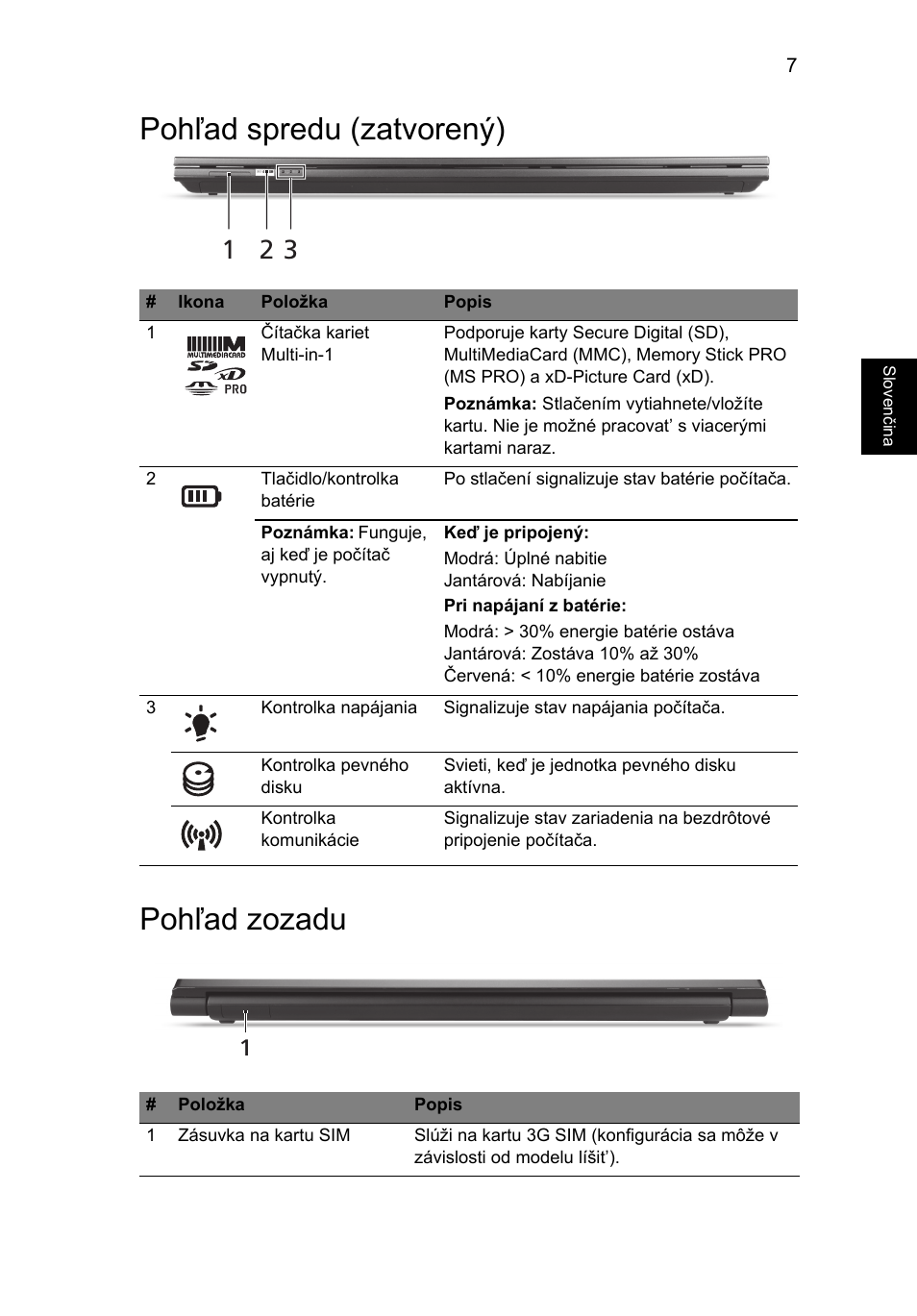 Pohľad spredu (zatvorený), Pohľad zozadu, Pohľad spredu (zatvorený) pohľad zozadu | Acer Aspire 5830TG User Manual | Page 163 / 316