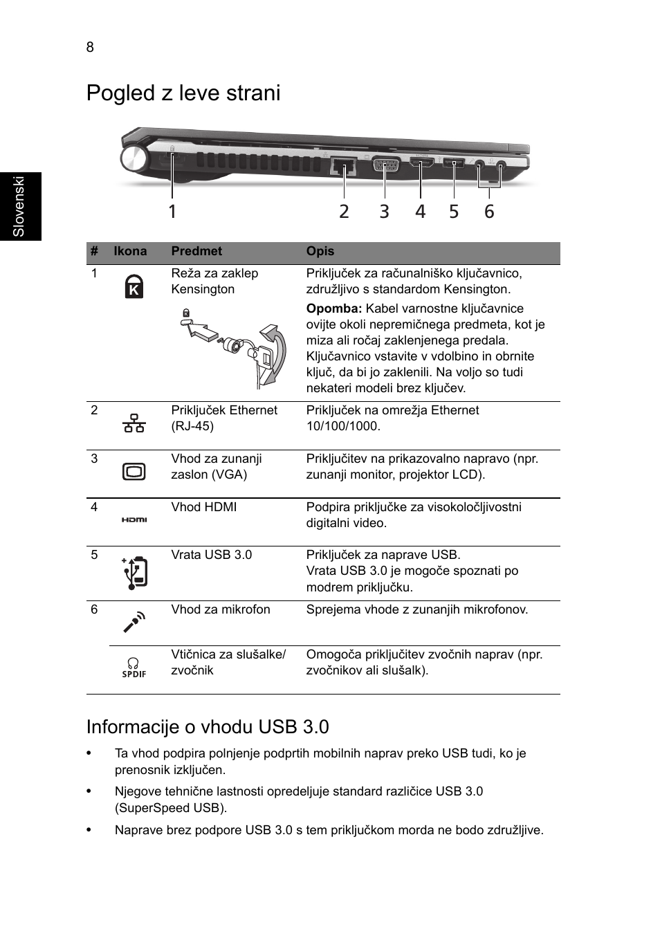 Pogled z leve strani, Informacije o vhodu usb 3.0 | Acer Aspire 5830TG User Manual | Page 174 / 316