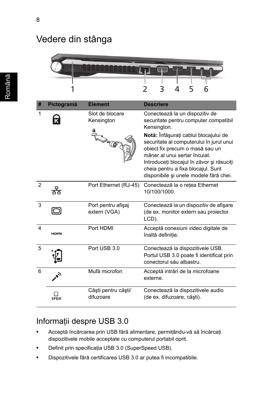 Vedere din stânga, Informaţii despre usb 3.0 | Acer Aspire 5830TG User Manual | Page 194 / 316