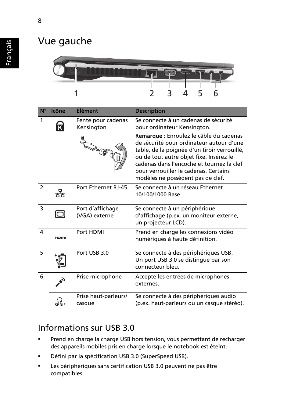 Vue gauche, Informations sur usb 3.0 | Acer Aspire 5830TG User Manual | Page 20 / 316