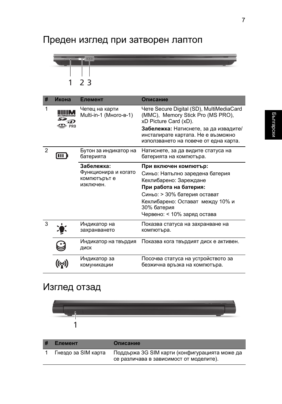 Преден изглед при затворен лаптоп, Изглед отзад, Преден изглед при затворен лаптоп изглед отзад | Acer Aspire 5830TG User Manual | Page 203 / 316