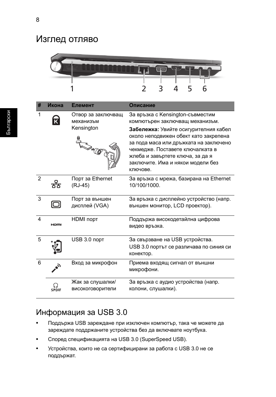 Изглед отляво, Информация за usb 3.0 | Acer Aspire 5830TG User Manual | Page 204 / 316