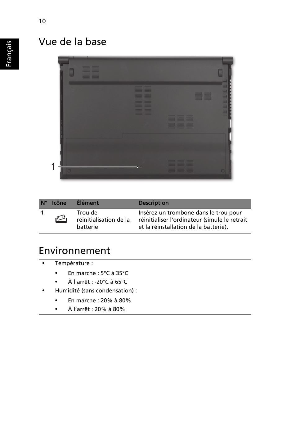 Vue de la base, Environnement, Vue de la base environnement | Acer Aspire 5830TG User Manual | Page 22 / 316