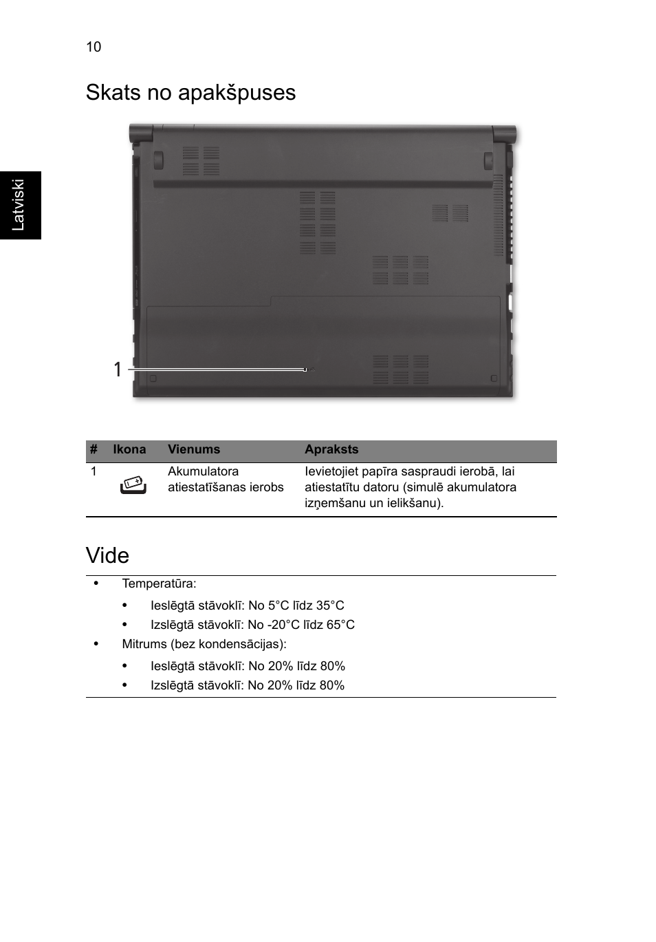 Skats no apakšpuses, Vide, Skats no apakšpuses vide | Acer Aspire 5830TG User Manual | Page 226 / 316