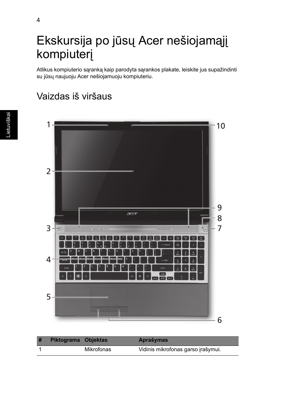 Ekskursija po jūsų acer nešiojamąjį kompiuterį, Vaizdas iš viršaus | Acer Aspire 5830TG User Manual | Page 230 / 316